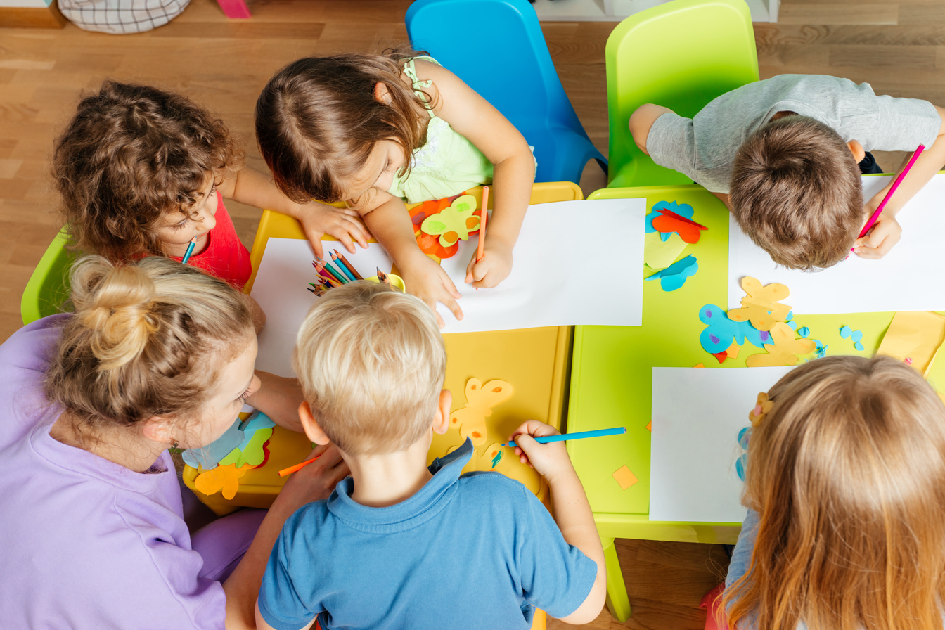 Top View Kindergarten Children during Art Lesson